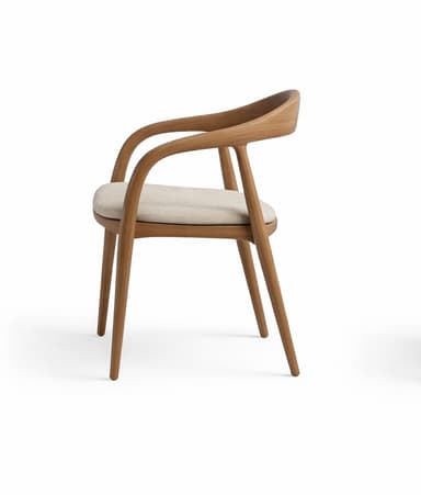 A wooden armchair with a curved backrest and a light-colored upholstered seat. The chair features four tapered legs and armrests integrated into the frame structure. The overall design is minimalist and modern. — 3D model