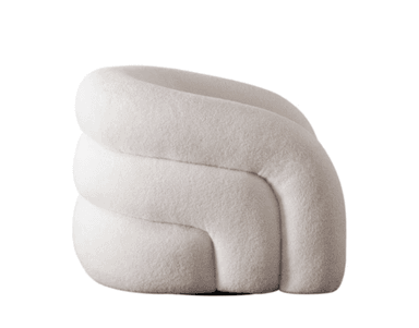 A contemporary armchair featuring a distinctive, fully upholstered design with rounded, volumetric forms. The chair is covered in a cream-colored, textured boucle fabric, giving it a soft and inviting appearance. It has integrated arms and a continuous base, appearing to rest directly on the floor without visible legs. — 3D model