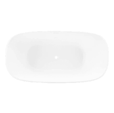 A white, modern freestanding bathtub featuring an elongated oval shape. The tub has gently outward-flared sides and a subtle, integrated rectangular overflow slot visible near the upper rim. Its design is sleek and minimalist, presented on a plain white background, highlighting its clean lines. — 3D model