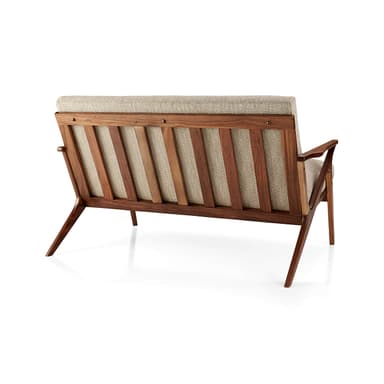 A two-seater loveseat with a visible dark wood frame and light-colored fabric upholstery. The design features clean lines, open armrests, and tapered legs, indicative of a Mid-Century Modern aesthetic. — 3D model