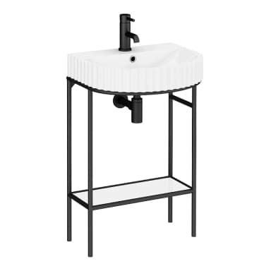 A modern freestanding bathroom vanity featuring a white ceramic basin with a distinctive fluted exterior, supported by a minimalist black metal frame. It includes a matte black single-hole faucet and an integrated lower shelf. — 3D model