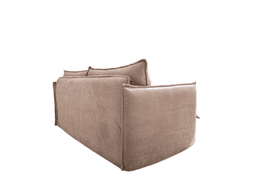 A contemporary beige sofa with a plush, textured fabric upholstery. The sofa features a relaxed design with two square back cushions and a loosely draped skirt that reaches the floor. It has wide, rolled armrests and appears to be designed for comfort. The overall aesthetic is minimalist and inviting. — 3D model