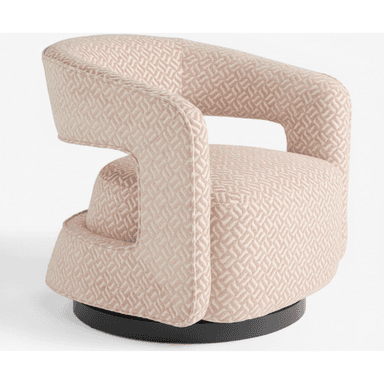 A modern armchair with a rounded silhouette and integrated armrests. The chair features a swivel base and is upholstered in a textured fabric with a geometric pattern. The base is circular and black. — 3D model