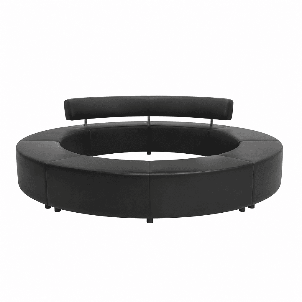 A modern circular modular lounge booth upholstered in black faux leather, featuring a curved backrest supported by metal posts. — 3D model