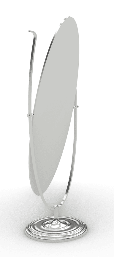 An oval-shaped mirror featuring a polished metal finish, mounted on a U-shaped stand that allows it to swivel. The stand is supported by a round, ornate base with concentric ring detailing. — 3D model