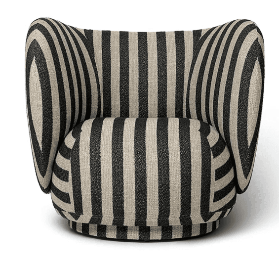 A contemporary lounge chair featuring a distinctive black and light beige vertical striped upholstery. The chair has a rounded, enveloping silhouette with a deep seat and high, curved backrest and armrests, creating a cozy and inviting appearance. It rests on a low, concealed base. — 3D model