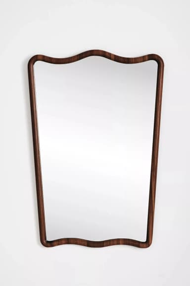 A rectangular wall mirror featuring a distinctive wavy, organic-shaped frame made from dark brown wood. The frame has smooth, rounded edges and encases a clear reflective glass surface. — 3D model