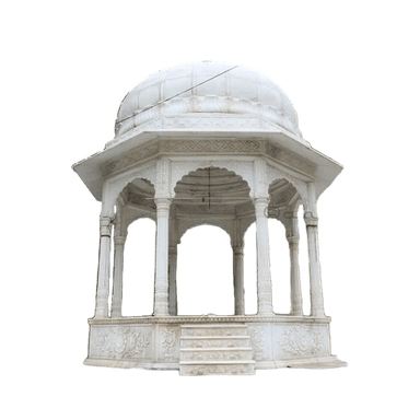 A white marble gazebo with a domed roof, octagonal base, and ornate carvings. It features decorative pillars supporting the roof structure and a small set of stairs leading to the platform. — 3D model