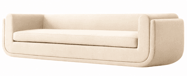 A contemporary upholstered sofa in a light cream or beige fabric, featuring a streamlined, monolithic design with softly rounded edges. The arms flow continuously from the backrest into an integrated plinth base, and it includes a single, long seat cushion. — 3D model