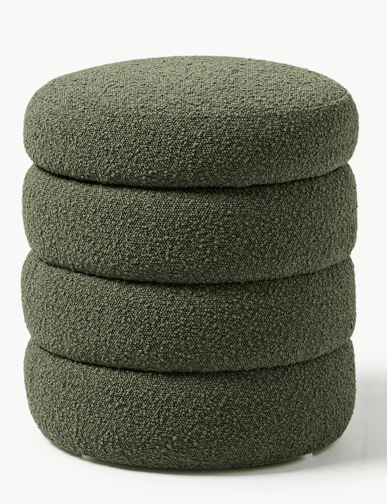A set of four round, dark green upholstered cushions, stacked vertically. Each cushion is soft, disc-shaped with rounded edges, and covered in a textured boucle-like fabric, presented on a white background. — 3D model