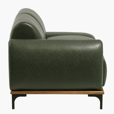 A contemporary sectional sofa featuring dark green leather upholstery, a single rounded armrest, and an integrated chaise lounge section. It sits on an exposed wooden frame supported by slender black metal stiletto legs. — 3D model