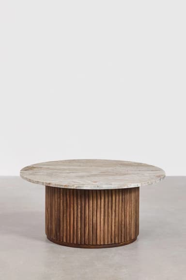 A round coffee table featuring a natural marble top with varied veining and a cylindrical base constructed from vertical fluted wooden slats. The table is relatively low, suitable for a living room setting. — 3D model