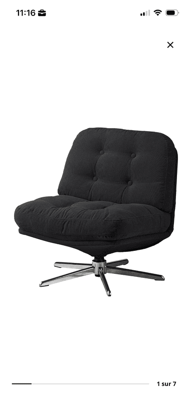 A low-profile, black corduroy upholstered lounge chair featuring a tufted back and seat, mounted on a four-star polished chrome swivel base. — 3D model
