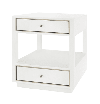 A white end table with two drawers. The drawers have metallic trim and a single knob each. The table features an open shelf below the top drawer. — 3D model