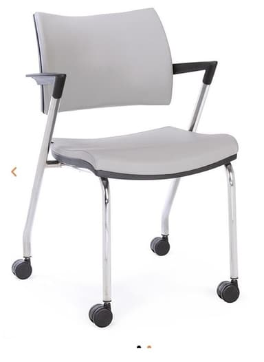 A modern office chair with a light grey upholstered seat and backrest, supported by a chrome-plated metal frame. It features armrests with black plastic accents and four black caster wheels for mobility. The design is minimalist and functional, suitable for contemporary office environments. — 3D model
