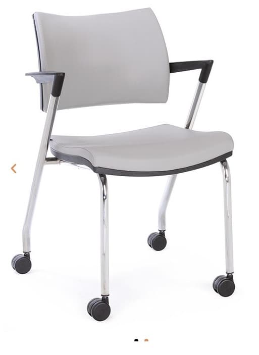 A modern office chair with a light grey upholstered seat and backrest, supported by a chrome-plated metal frame. It features armrests with black plastic accents and four black caster wheels for mobility. The design is minimalist and functional, suitable for contemporary office environments. — 3D model