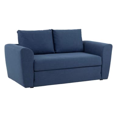 A compact two-seater sofa upholstered in dark blue fabric, designed with a visible fold line suggesting its function as a sofa bed. It features rolled armrests and two loose back cushions. — 3D model