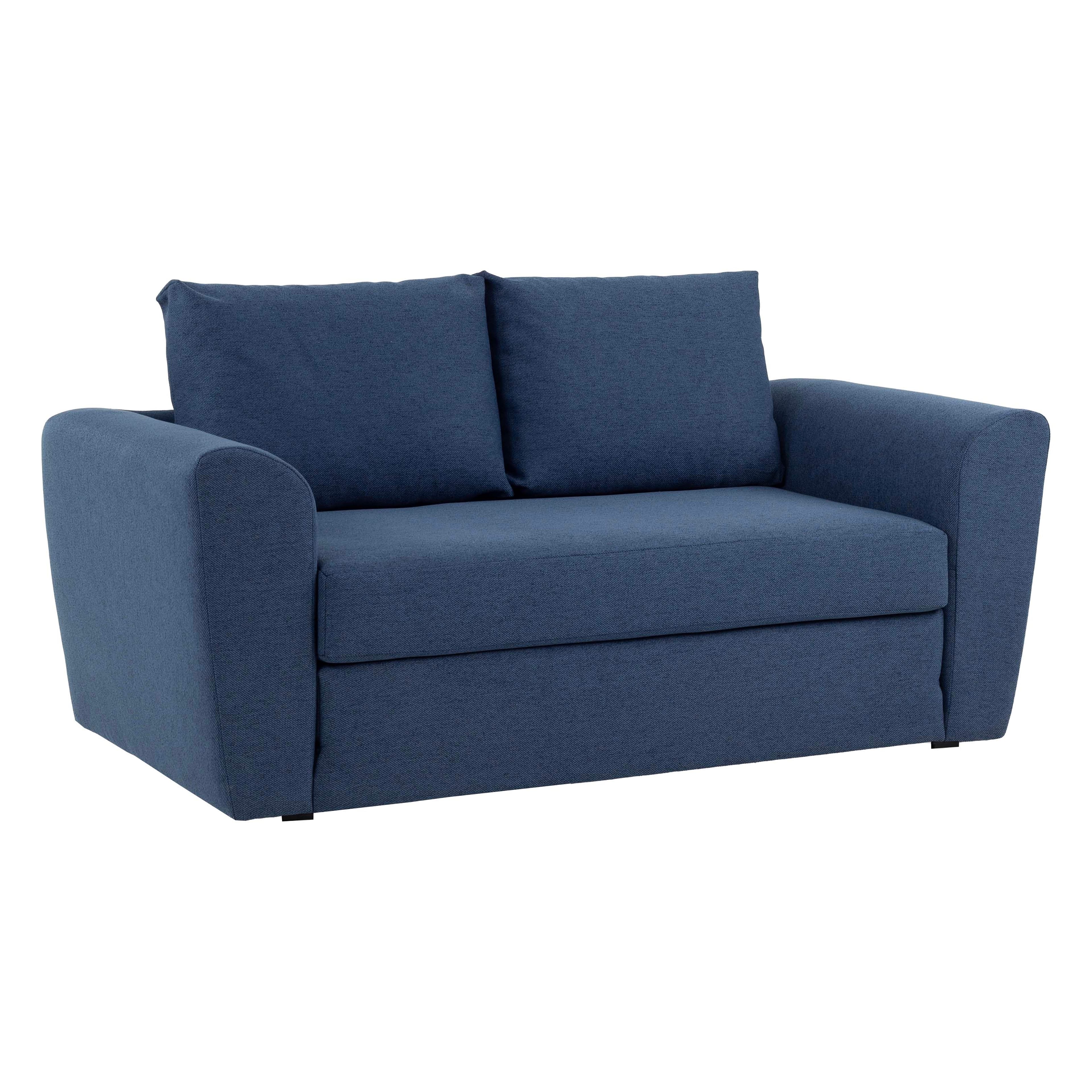 A compact two-seater sofa upholstered in dark blue fabric, designed with a visible fold line suggesting its function as a sofa bed. It features rolled armrests and two loose back cushions. — 3D model