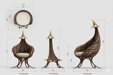 An artistic accent chair with a unique, organic design. The chair features a dark wood frame intricately sculpted to resemble flowing leaves or petals, forming a high back that curves around the seat. The seat itself is upholstered in a light-colored, textured fabric. A decorative element, possibly brass or gold-toned metal, is situated at the apex of the chair's back, resembling a bell or flower. — 3D model
