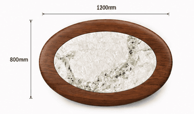 A round coffee table featuring a warm, dark wood-grain exterior and a central white and grey marble or stone inlay, set upon a recessed black circular base. The table has a low profile, measuring 320mm in height. — 3D model