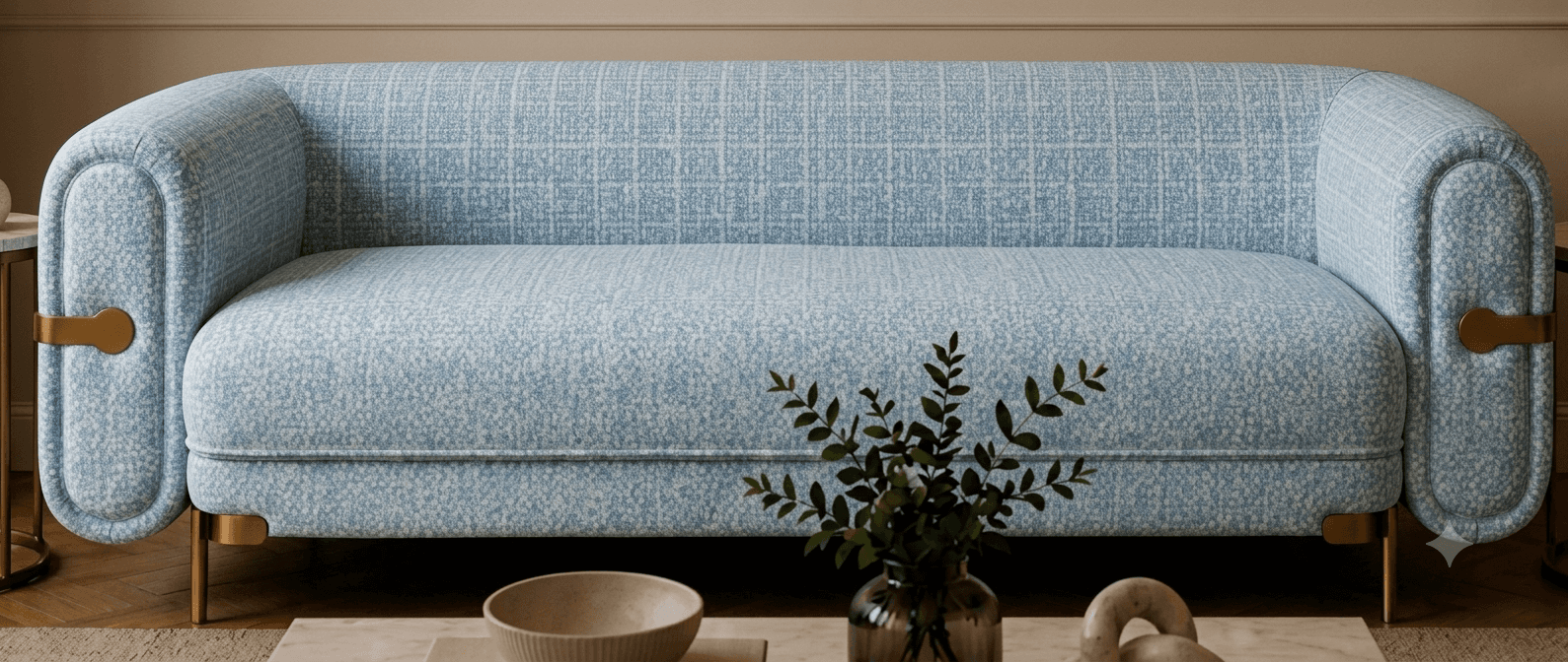 A contemporary three-seater sofa upholstered in a light blue textured fabric, featuring distinctively rounded armrests and backrest. The sofa is supported by slender, tapered brass-finished metal legs and includes decorative horizontal brass bars integrated into the outer sides of the armrests, adding a touch of metallic contrast to the soft upholstery. — 3D model