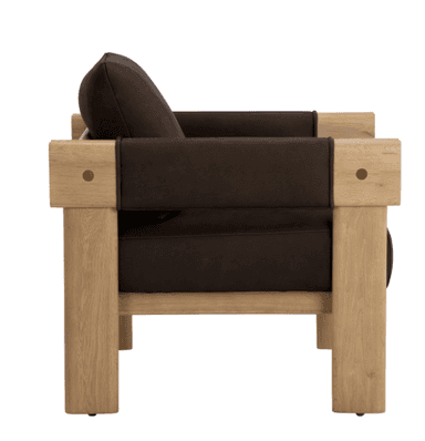 A robust armchair with a visible wooden frame and dark-colored upholstered cushions for the seat and back. The frame appears to be constructed from solid wood with a natural finish. The armrests are integrated into the side frame structure. Dark fabric straps are visible securing the back cushion and wrapping around the armrests. The design emphasizes a strong, angular aesthetic. — 3D model