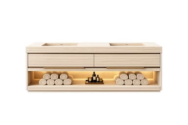 A modern, light wood double bathroom vanity featuring two seamlessly integrated rectangular sinks, two full-width drawers with recessed pull handles, and an open storage shelf beneath. The shelf includes integrated lighting and is styled with rolled towels and decorative accessories. — 3D model
