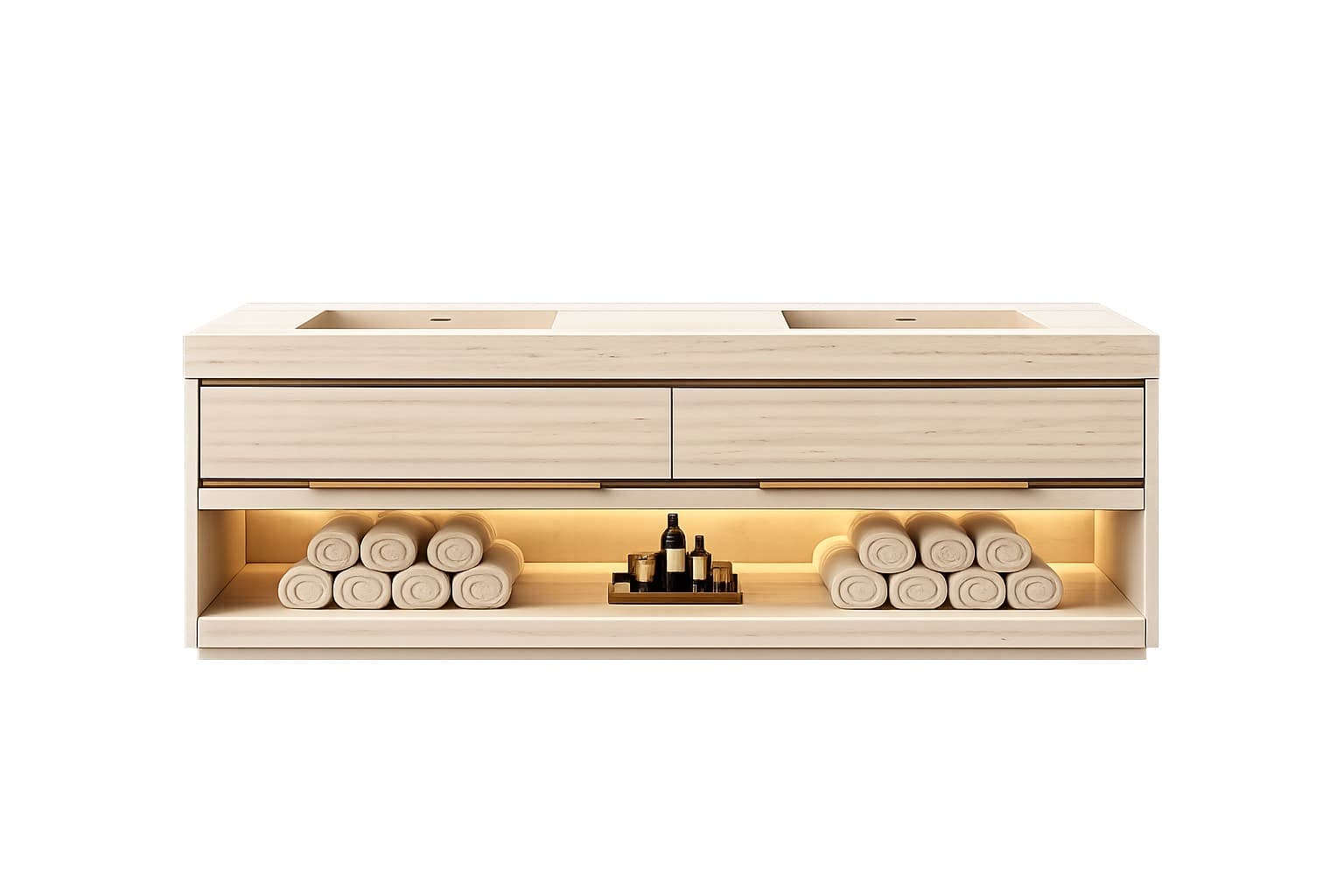 A modern, light wood double bathroom vanity featuring two seamlessly integrated rectangular sinks, two full-width drawers with recessed pull handles, and an open storage shelf beneath. The shelf includes integrated lighting and is styled with rolled towels and decorative accessories. — 3D model