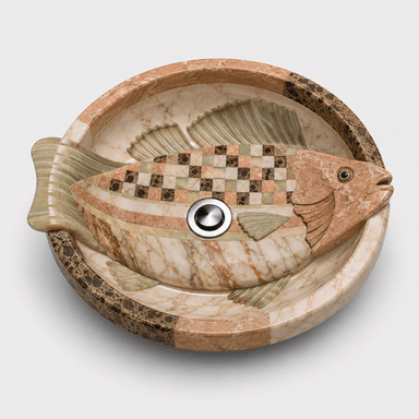 A highly decorative vessel sink shaped like a fish, crafted from multiple types of natural stone in various earthy tones and textures. The fish's body features an intricate mosaic pattern, including checkerboard and banded designs. Translucent, ribbed elements, likely resin or onyx, form the fins and tail, providing a contrasting material and visual interest. A standard metal drain is situated centrally within the fish's body. The circular perimeter of the basin is segmented, displaying different speckled and veined stone patterns. — 3D model