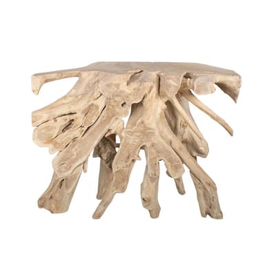 A striking accent table constructed from a substantial, natural wood root system. The design features an irregular, organically shaped top surface supported by a complex arrangement of intertwined roots that form the base. The raw, unrefined texture of the wood is preserved, highlighting the natural contours and variations of the root structure. — 3D model