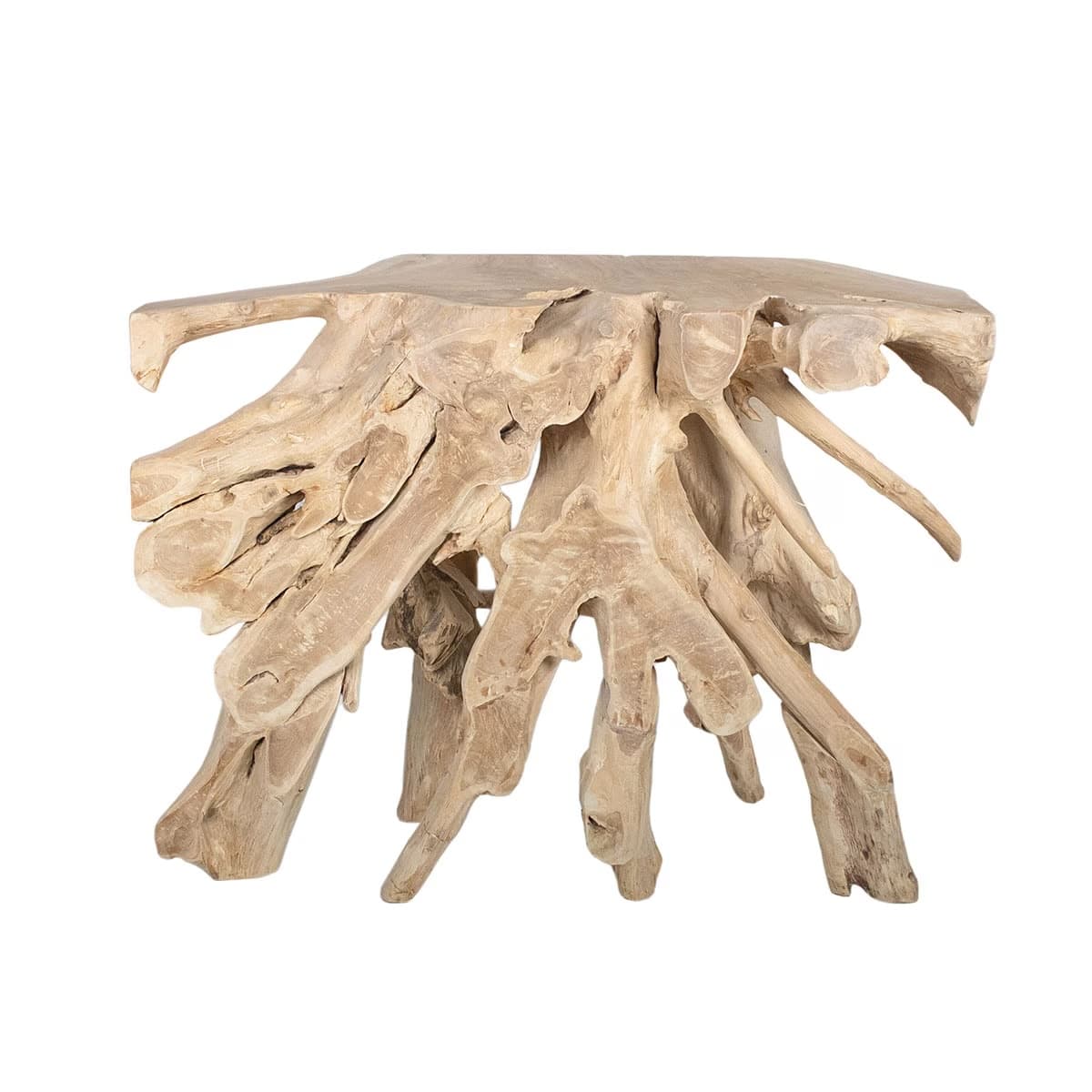 A striking accent table constructed from a substantial, natural wood root system. The design features an irregular, organically shaped top surface supported by a complex arrangement of intertwined roots that form the base. The raw, unrefined texture of the wood is preserved, highlighting the natural contours and variations of the root structure. — 3D model