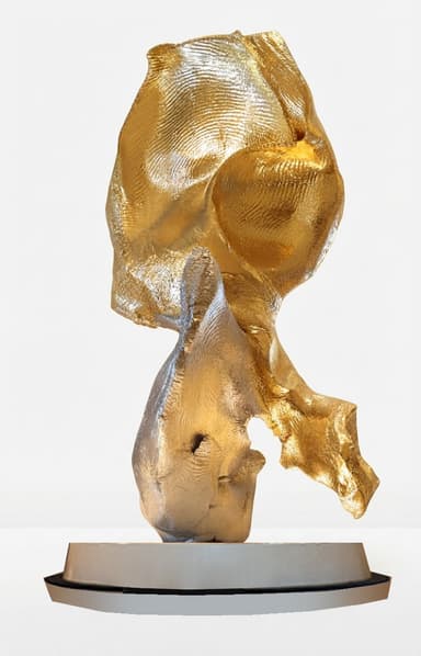 An abstract sculpture featuring a dynamic, fluid form composed of two distinct metallic elements: a larger, upper section with a rich gold-toned finish and a smaller, lower section in a contrasting silver tone. The piece is mounted on a simple, low-profile circular base. — 3D model