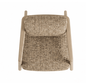 A modern upholstered lounge chair featuring a sturdy exposed frame made of light-toned wood, likely oak or ash. The chair is upholstered in a highly textured, multi-tonal fabric, predominantly in shades of brown and beige, giving it a tactile and cozy appearance. It has a boxy yet comfortable silhouette with generously padded seat and back cushions, and integrated armrests with rounded edges. — 3D model