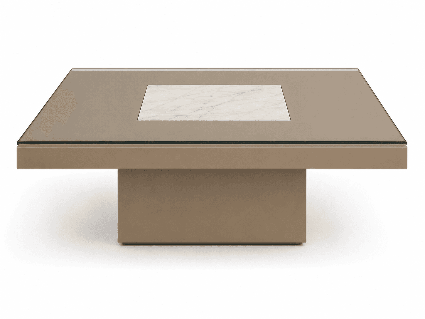 A low, rectangular coffee table featuring a solid, pedestal-style base, a clear glass top, and a square, off-white marble insert centrally located within the tabletop structure. — 3D model