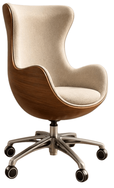A contemporary swivel lounge chair featuring a distinctive winged back and a shell-like design. The exterior of the shell is finished in a rich, dark wood veneer, while the interior is fully upholstered in a light beige fabric. It sits on a modern five-star base made of brushed metal, equipped with smooth-rolling casters for mobility. — 3D model