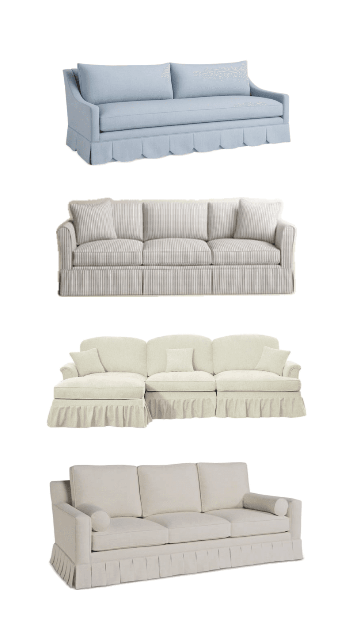 A three-seater sofa featuring a full skirted base, straight track arms, and upholstered in a light-colored fabric. It includes three individual seat cushions, three back cushions, and two cylindrical bolster pillows on the arms. — 3D model