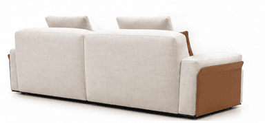 A modern two-piece modular sectional sofa upholstered in light beige fabric, featuring square armrests with brown accent panels and contrasting brown throw pillows. — 3D model