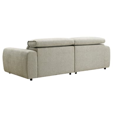 A contemporary modular chaise sectional sofa upholstered in a light grey or beige textured fabric, featuring a low-profile design with integrated back cushions and an extended armrest or chaise component. The sofa section is supported by discreet black feet. — 3D model