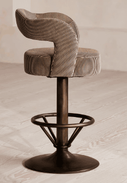 A bar stool with a padded seat and backrest upholstered in a striped fabric. It features a height-adjustable pedestal base with a circular footrest and a round, flat base. — 3D model