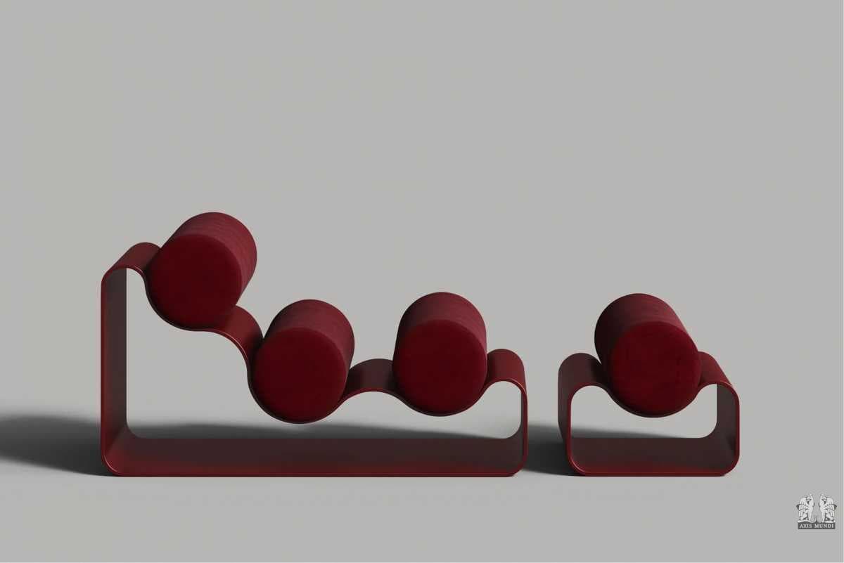 A modular sofa system with a distinctive design. The frame appears to be constructed from a single, continuous piece of bent metal tubing, forming a continuous, undulating line. Upholstered cylindrical cushions are integrated into the frame, serving as seats and backrests. The elements are arranged in a low-profile configuration. The overall aesthetic is modern and sculptural. — 3D model