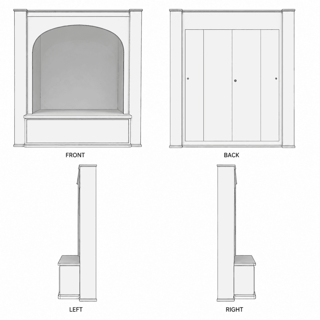 A technical drawing of a free-standing entryway furniture piece, presented in four orthogonal views: front, back, left, and right. The front view shows a tall unit with a prominent arched recess or nook above an integrated bench seat. Below the bench, there is a solid base, likely containing concealed storage. The unit features simple, clean lines with decorative molding at the top and base. The back view reveals a solid panel, potentially featuring recessed doors for additional storage, consistent with a wardrobe or cabinet structure. The side views illustrate the depth of the unit, particularly emphasizing the depth of the bench and base storage area. — 3D model