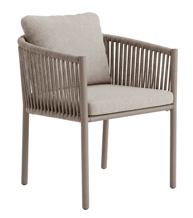 A modern armchair featuring a sleek metal frame with armrests and backrest wrapped in tightly woven rope. It includes comfortable, removable cushions for the seat and back, upholstered in a light gray textured fabric. The chair has straight, slender legs. — 3D model
