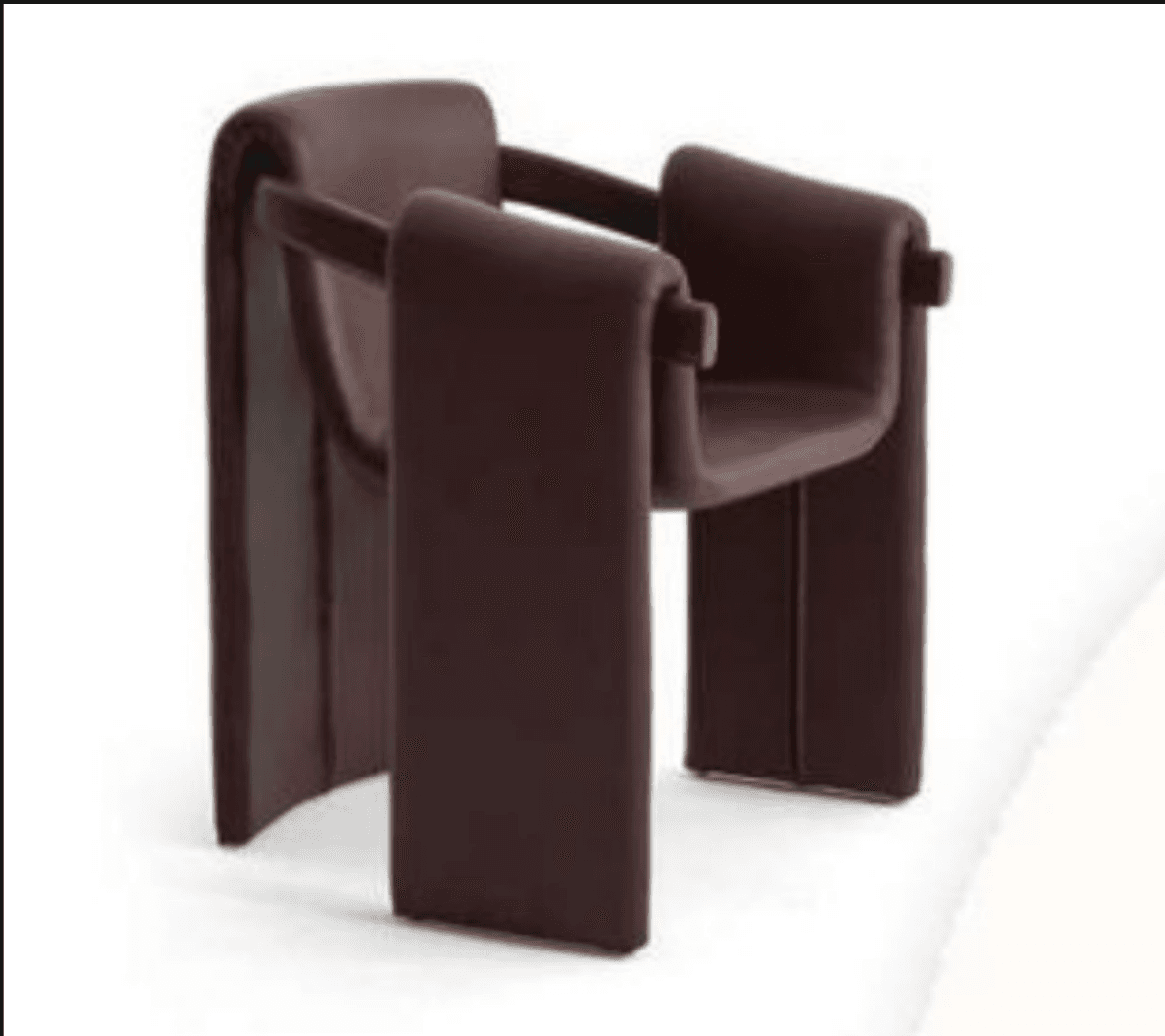 A sculptural armchair featuring a continuous padded form in deep burgundy, appearing to wrap around a visible dark wood structural frame to create the seat, back, armrests, and legs. — 3D model