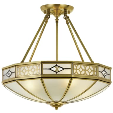 An Art Deco style semi-flush mount chandelier featuring an octagonal frame constructed from polished brass. The fixture incorporates frosted glass panels that diffuse light, complemented by an intricate brass overlay with geometric patterns and small clear glass or crystal accents. It is suspended from a ceiling canopy by multiple brass rods, creating a structured and elegant appearance. — 3D model