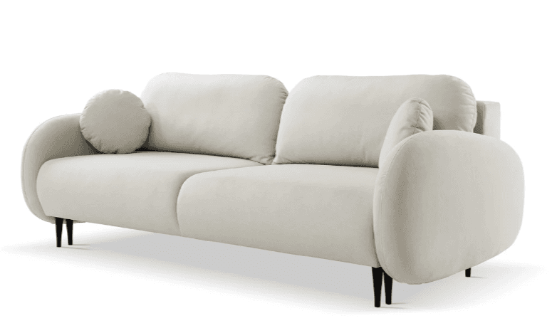 A modern upholstered sofa with a light beige fabric covering. It features a two-seat design with plush cushions. The arms are rounded and voluminous, and the backrest is composed of two large cushions. A small, round decorative pillow is placed on the left arm. The sofa is supported by four slender, black, tapered legs. — 3D model