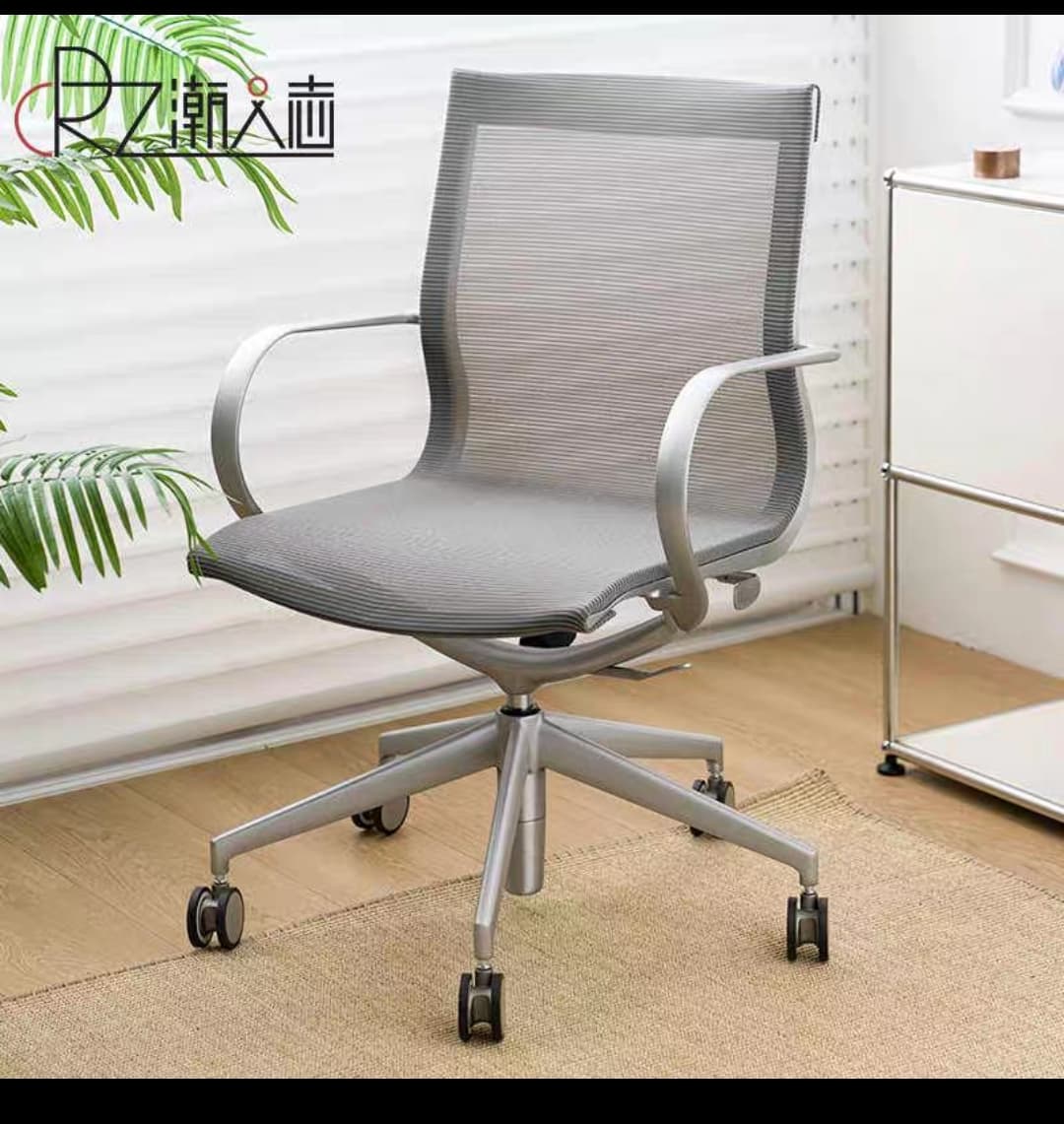 A contemporary office chair with a grey mesh back and seat, fixed curved armrests, and a five-star base with casters, suitable for office or desk use. — 3D model