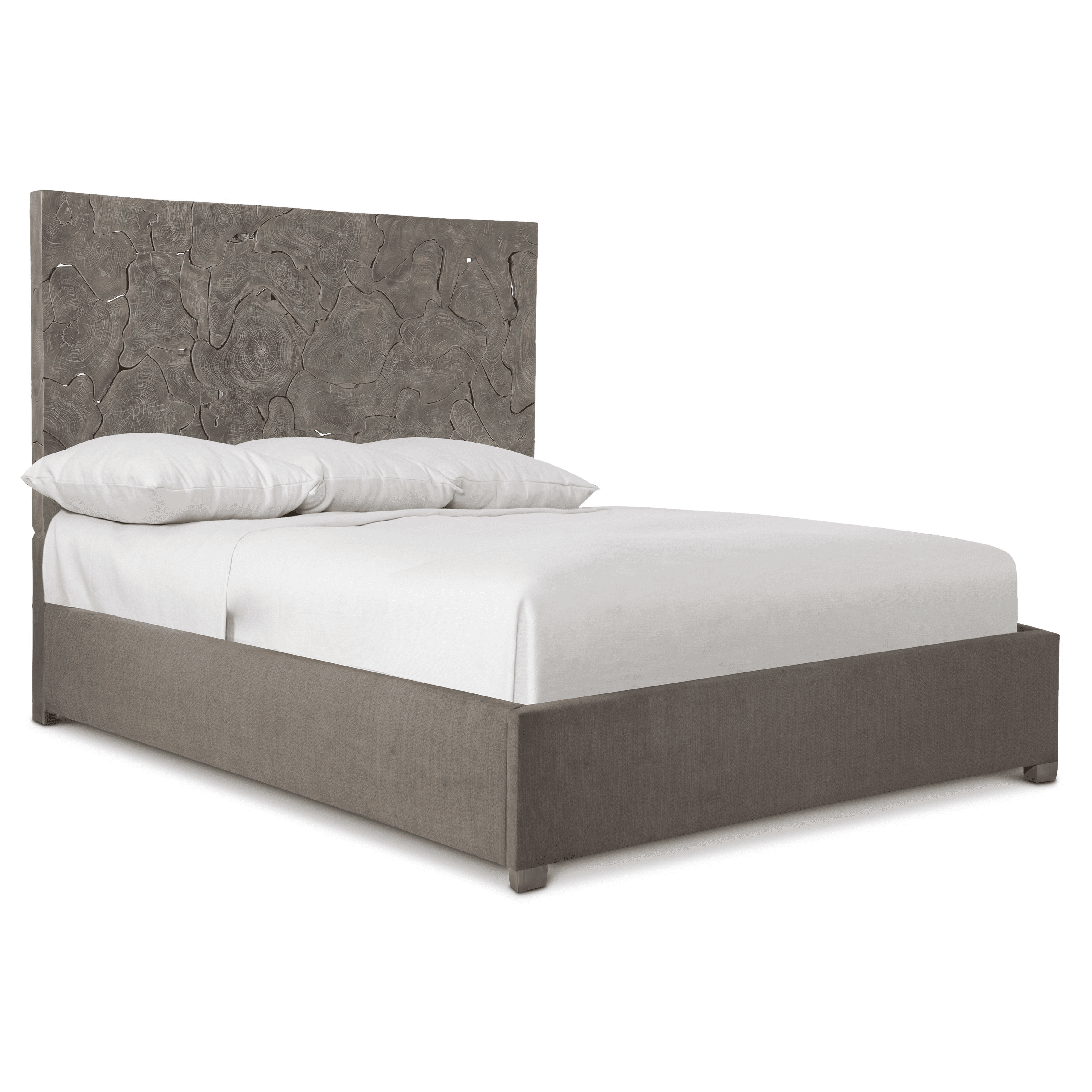 A king-size bed with a distinctive headboard featuring a mosaic of wood slices with visible grain patterns and cracks, giving it a natural, rustic aesthetic. The bed frame is upholstered in a textured, dark grey fabric. Two white pillows and white bedding are present on the mattress. — 3D model