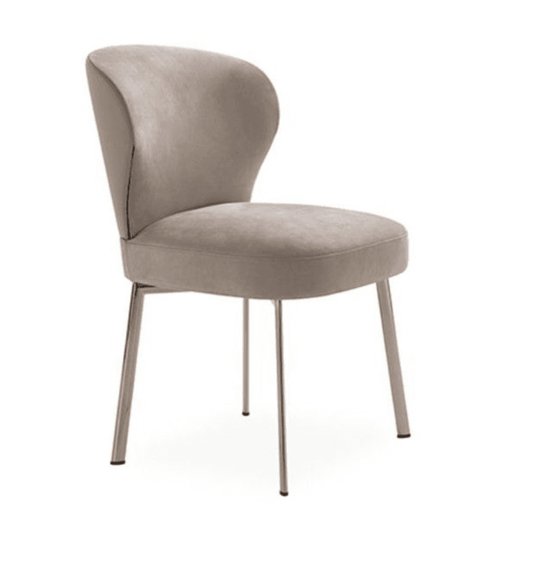 A contemporary armless chair featuring a gently curved, upholstered backrest and a circular seat, supported by four slender, angled metal legs. — 3D model