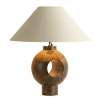 A table lamp with a conical shade and a circular base. The lamp base features a spherical body with a large circular cutout and is supported by a cylindrical pedestal. The shade appears to be fabric, and the base has a marbled or patterned finish. — 3D model