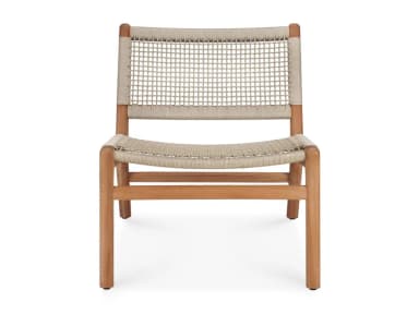 A low-profile lounge chair featuring a natural wood frame with a woven seat and backrest. The frame has a modern, organic shape with angled legs and curved armrests/back supports. The seat and back are constructed from a tightly woven cord or rope material, providing a supportive and comfortable surface. — 3D model